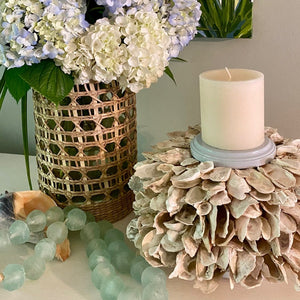 Gabriel Pillar Oyster Shell Candle Holder, Coastal Blue Lacquer